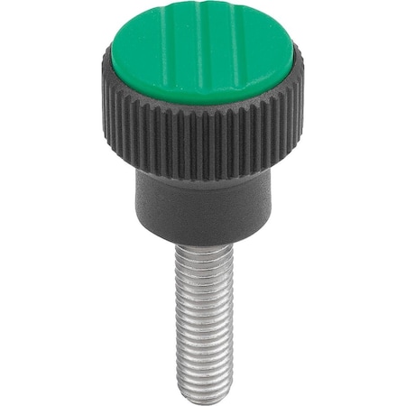 Knurled Knob Size:1 D=M06X20, D1=21, H=22, Plastic Black Ral7021, Comp:Stainless, Cap:Green Ral6032